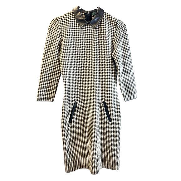 Ralph Lauren Black And Tan Houndstooth Sheath Dress Leather Collar Size Small - Picture 1 of 7